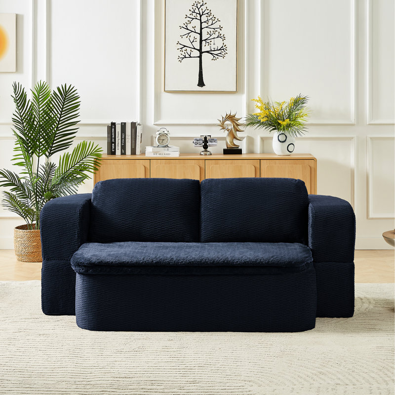 Canapé-lit convertible moderne et pliable, tissu bleu foncé, poids du colis : 35 kg, emballage compressé, idéal pour les soirées cinéma en appartement ou les moments de détente au salon.