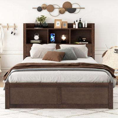 Lit plateforme pleine grandeur avec tablettes coulissantes, lit gigogne simple et 2 tiroirs, espresso