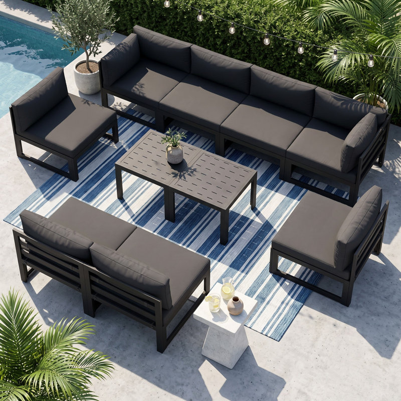 Ensemble de conversation modulaire d'extérieur en aluminium pour 8 personnes avec coussins et table basse Gillean, Gris