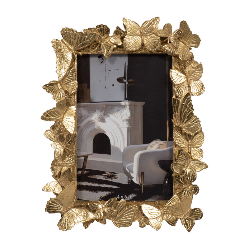 Ilarie Boho Butterfly Resin Picture Frame with Glass - 8" Metallic Gold Freestanding Photo Frame for Tabletop Display