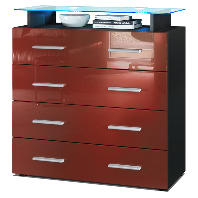 Mazur 4 Drawer 76cm W Chest, With LED, Black/Bordeaux