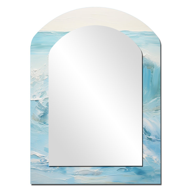 Bleu et blanc Simplicity Beach - miroir mural asymétrique unique à vagues, miroir arqué bleu, impression d'art en métal