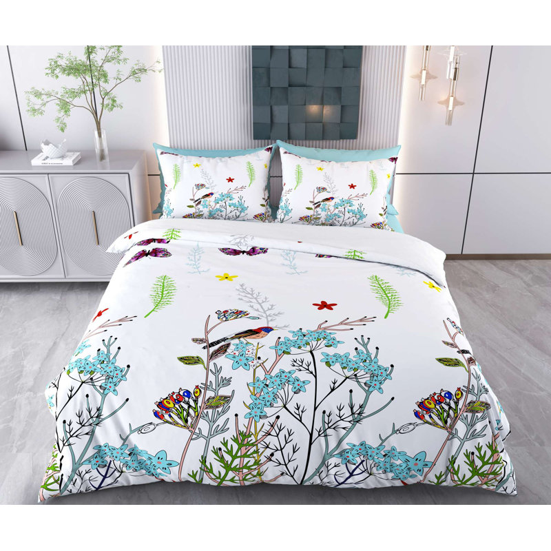 Ensemble de housse de couette, Blanc / bleu / vert / jaune / rouge floral, Housse de couette pour très grand lit et 2 taies 