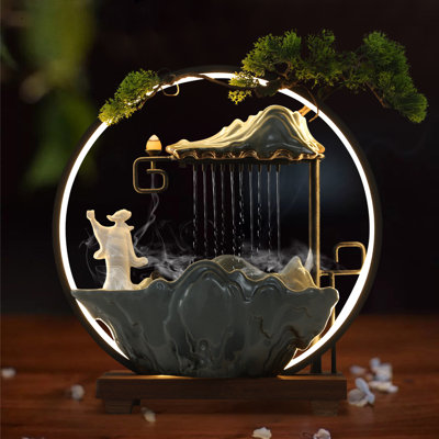 Indoor Ceramic / Porcelain Wood Metal Table Top Fountain with Lights