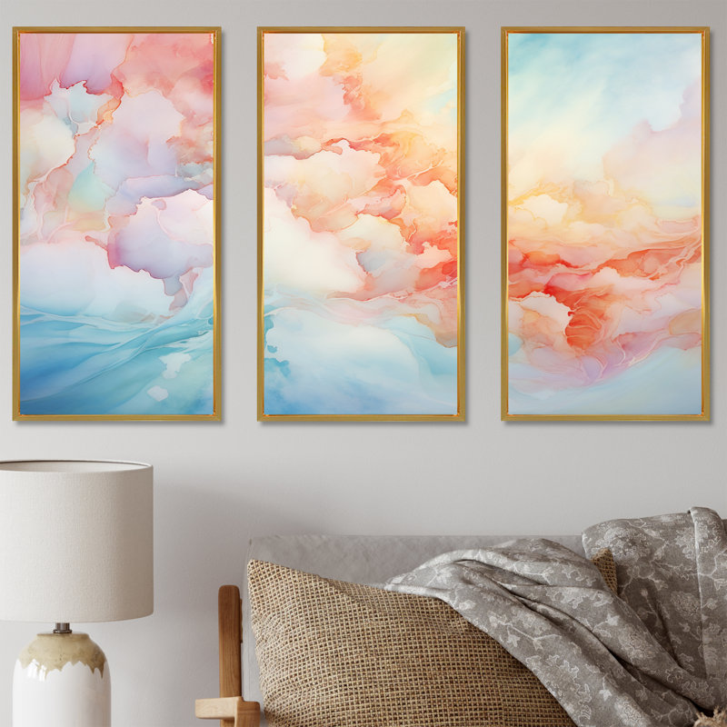 Nuage, lever du soleil, alcool, encre, paysage, ensemble d'art sur toile, Cadre flottant doré, H 40 po x l 60 po x P 1 po