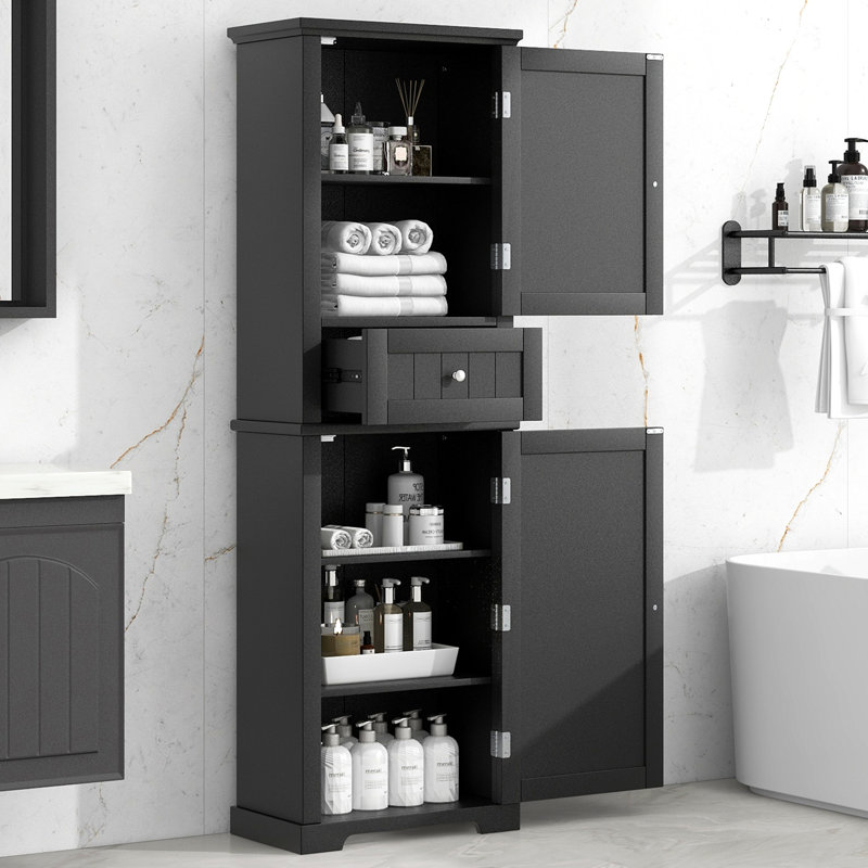 Tall Bathroom Storage Cabinet, Freestanding Storage Cabinet With Drawer And Adjustable Shelf, MDF Board With Painted Finish, Black
