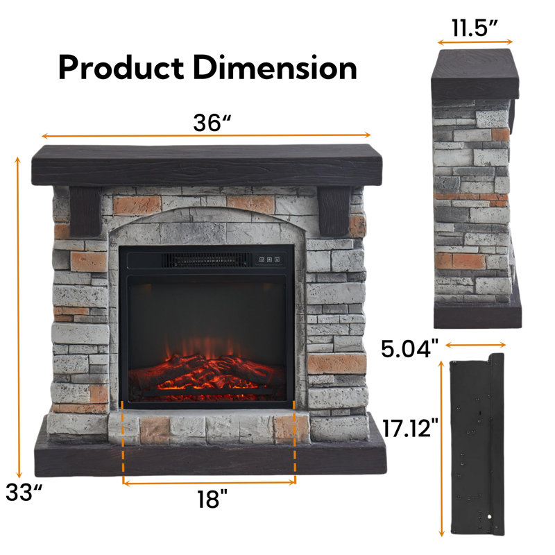Foyer électrique 36 po avec manteau de pierre artificielle, Gris, H 33 po x l 36 po x P 11,5 po