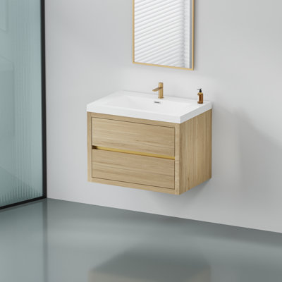 Meuble-lavabo mural avec lavabo, armoire de rangement flottante, comptoir en résine de pierre, tiroirs à fermeture en douceur, chêne naturel 24v15-30no
