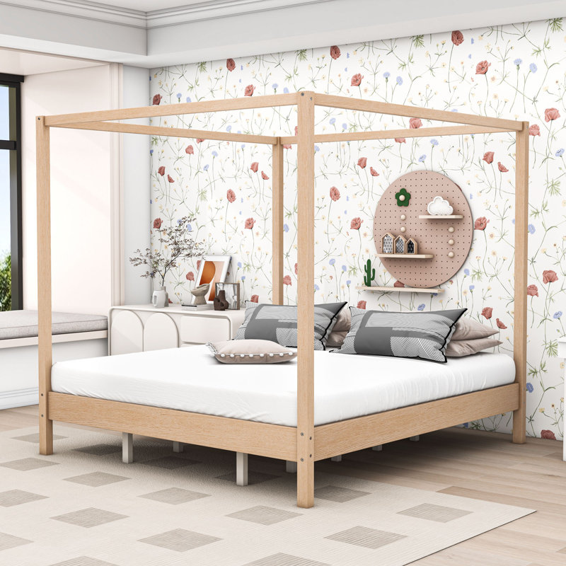 Wooden Frame Canopy Bed with Sturdy Construction, Natural, King
