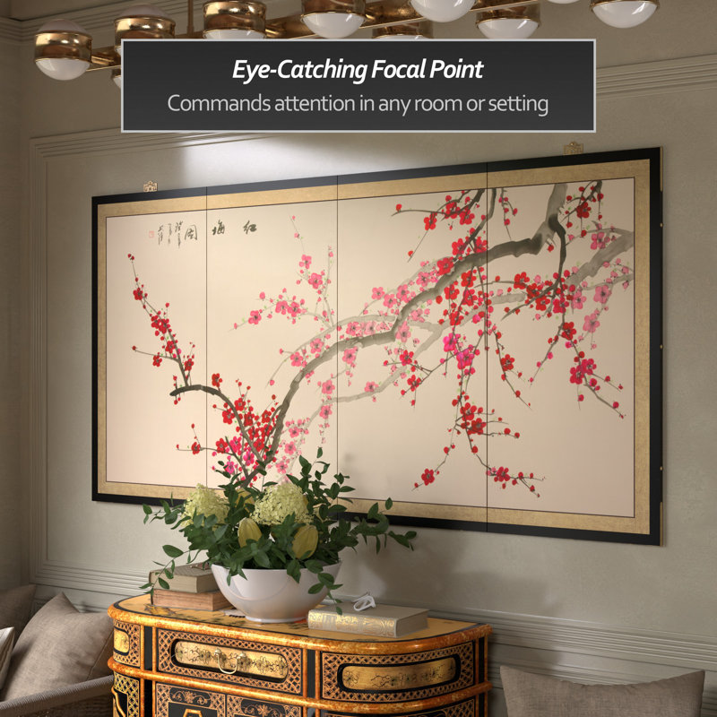 18" x 36" Blossom 4 Panel Room Divider, Beige/Pink, 36" H x 72" W x 0.63" D