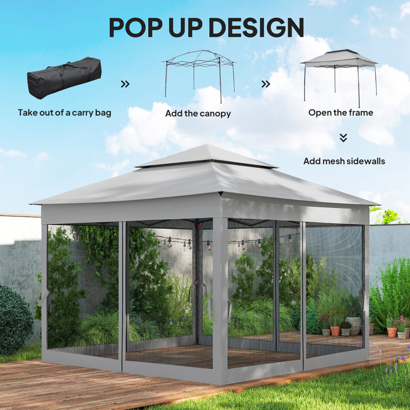 Pavillon de jardin escamotable à 2 niveaux avec filet et filet, Gris clair