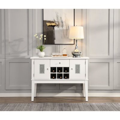Simple Contemporary Style Server With White High Gloss Finish, Faux Crystal Diamonds, Kd Legs, Side Metal Drawer Glide 1/2 Extension, Felt Lined, 7Mm Tempered Glass, Door Magnetic Strip, Easy To