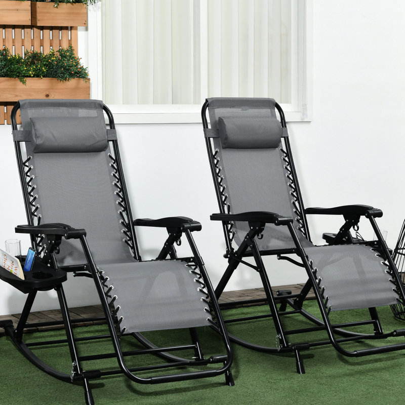 2 chaises longues berçantes Zero Gravity, pliables avec coussin, porte-gobelet et téléphone, de couleur grise, en acier, pratiques pour les chaises d'extérieur, inclinables en gris. Siège stable, respirant