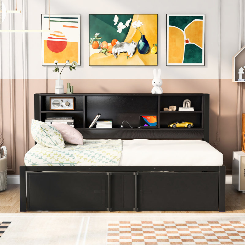 Lit de jour simple en métal avec lit gigogne, tablettes de rangement, rangement de lit, ports, noir vif