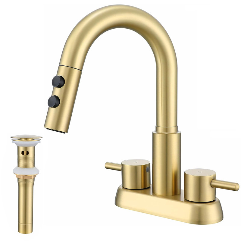 4 In. Centerset Double Handle Pull Down Bathroom Sink Faucet With 2 Modes Sprayer And Pop-Up Drain, Matte Black