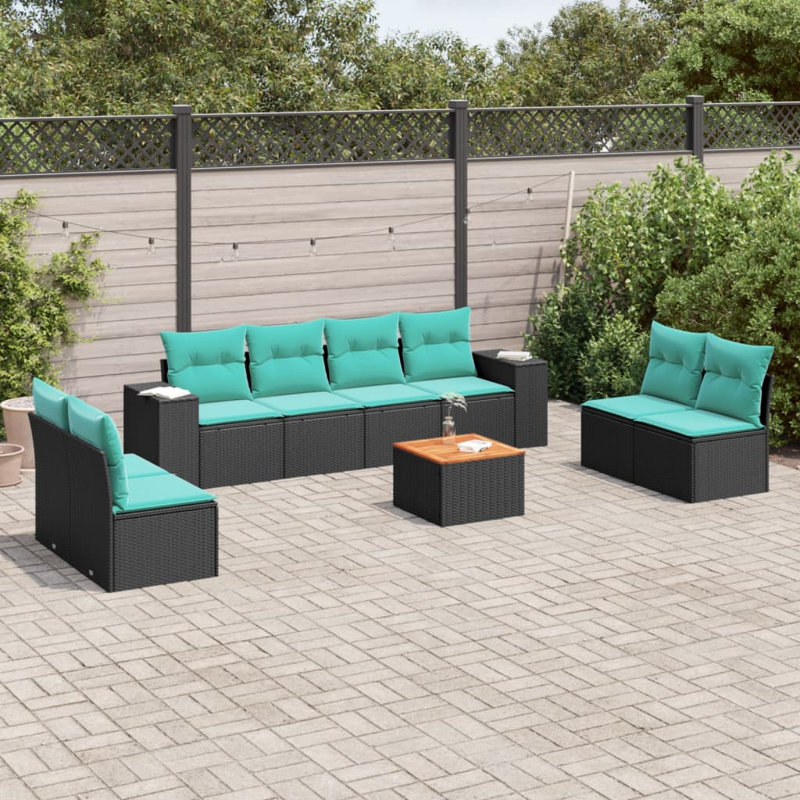 Ensemble de canapé de patio 9 pièces avec coussins en rotin de polyester, Bleu clair, Noir