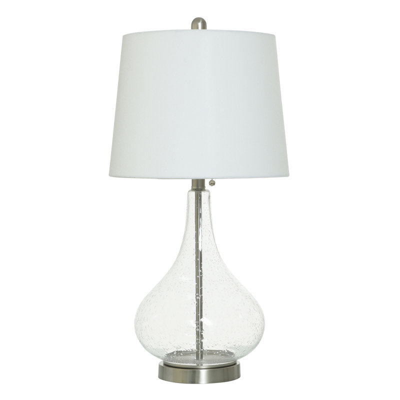 Clear Seeded Glass Table Lamp with Silver Base and Off-White Shade