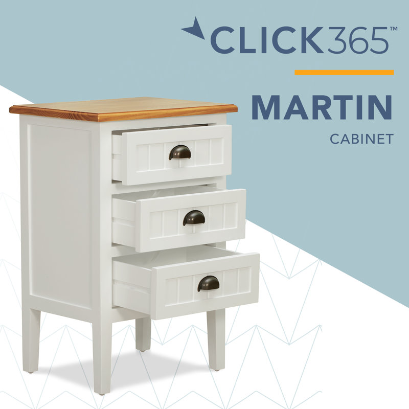 Martin 3-Drawer Cabinet Nightstand with Acacia Wood Top and Metal Cup Pulls, White