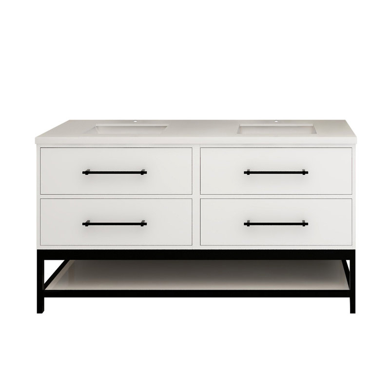 Meuble-lavabo flottant Victoria avec double évier et support en acrylique renforcé, Blanc lustré