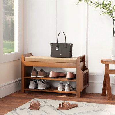 6-Pair Capacity Red-Brown Bamboo Shoe Bench with Hidden Storage
