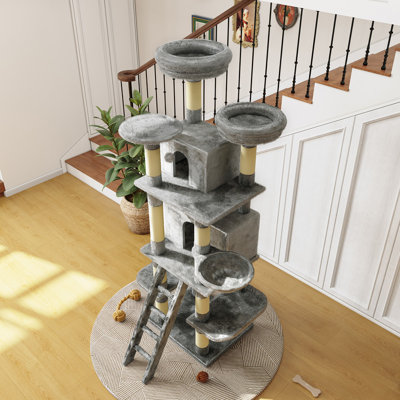 Arbre à chat à plusieurs niveaux avec 2 condos privés, 3 perchoirs, hamac suspendu, poteaux à griffer en sisal naturel, peluche courte et douce pour la peau, structure stable pour les foyers multi-chats