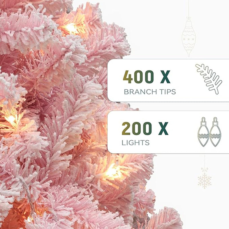 Sapin de Noël rose floqué de 1,80 m préilluminé avec lumières blanc chaud