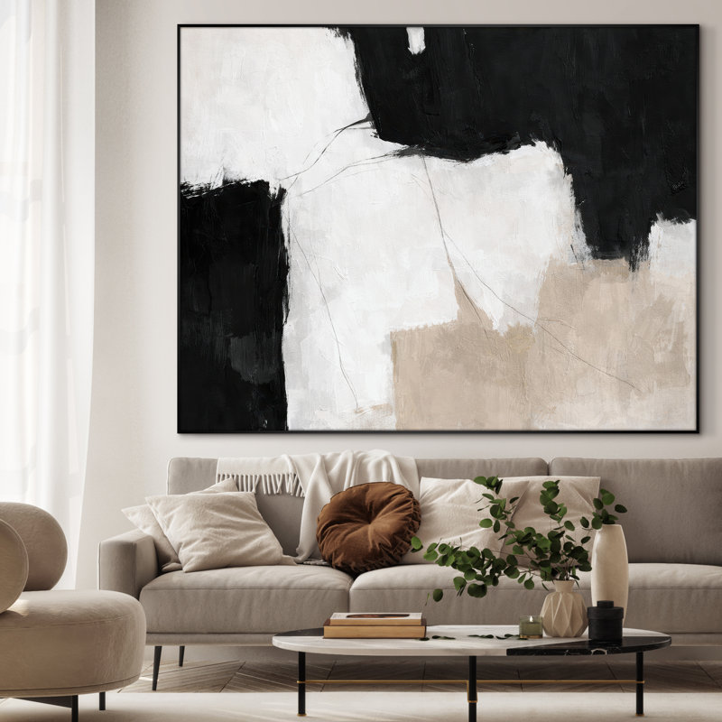 Très grand art mural imprimé sur tissu - Composition abstraite noire et beige de style moderne - "Assemblage requis (cadre non fini)"