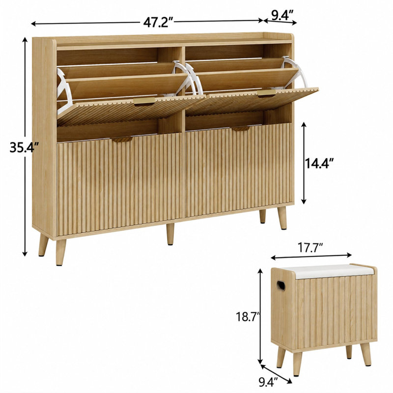 Armoire à chaussures étroite cannelée avec tiroirs rabattables et banc d'entrée, 4 Flip Drawers and Bench