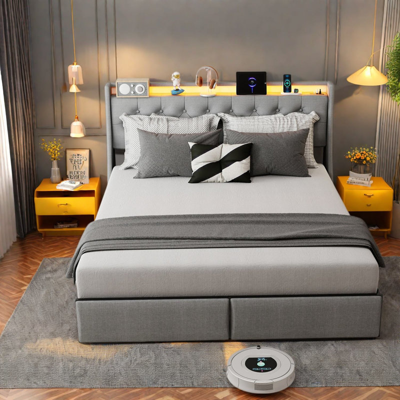 Lits avec rangement, cadre Queen en acier, tête de lit moderne à DEL pour la maison