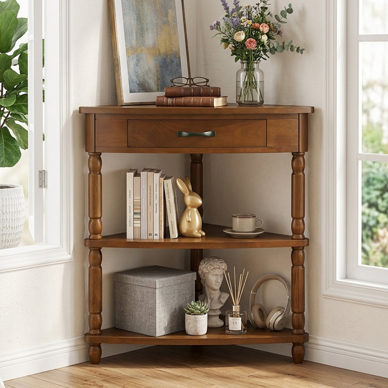 Armoire d'appoint de coin de 34 po de largeur avec tiroir et étagère moderne à 3 niveaux pour petits espaces, brun, Brun