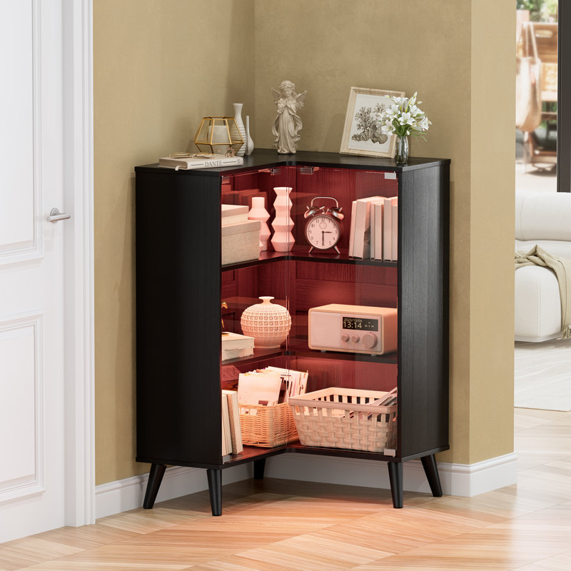 L-shaped Corner Display Case With Tempered Glass Doors, Led Lighted Curio Cabinet With Adjustable Shelves For Collectibles 