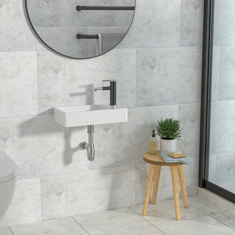 Lavabo de salle de bain mural en céramique blanc 18 po x 10 po, meuble-lavabo compact rectangulaire flottant pour petites salles de bain et salles d'eau