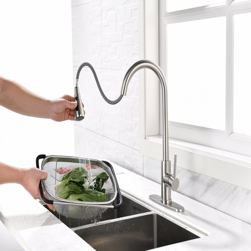 Single Handle High Arc  Pull Out Kitchen Faucet,Single Level Stainless Steel Kitchen Sink Faucets With Pull Down Sprayer
