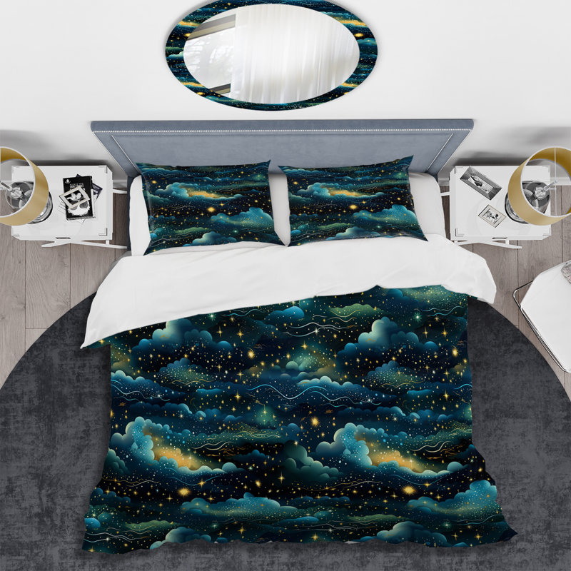 Midnight Indigo Galatic Pattern I Duvet Cover, King Duvet Cover + 2 King Shams