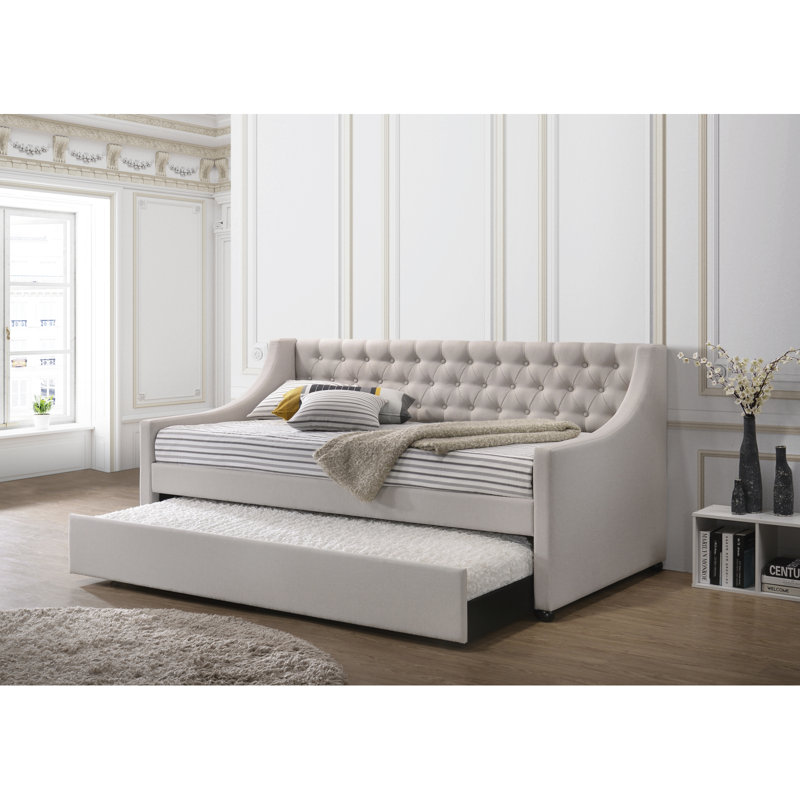 Lit de jour en tissu brouillard avec couchette Lianna (simple), Lit simple, Brouillard