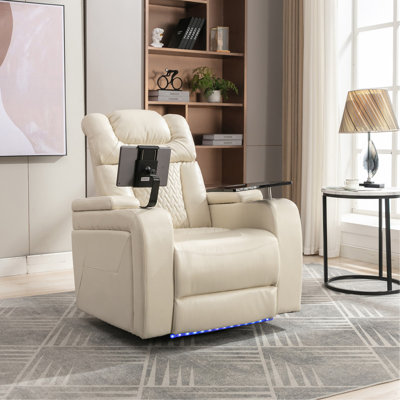 Fauteuil inclinable électrique de 270 po en cuir de polyuréthane avec siège inclinable et siège pivotant à 270 degrés avec support pour téléphone, porte-gobelet, port USB, rangement caché pour le salon, blanc