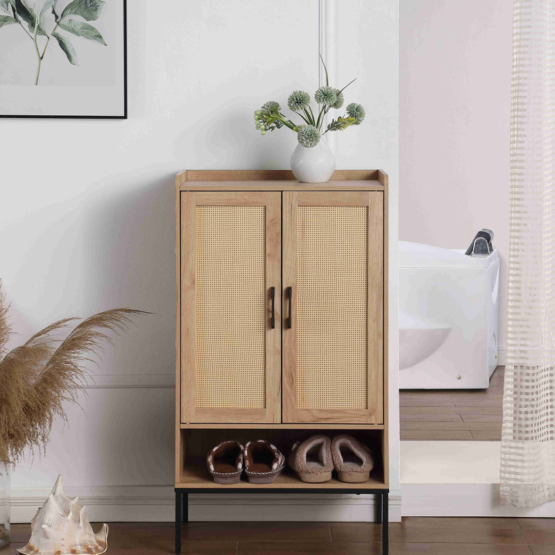 Armoire à chaussures avec portes en rotin, armoire de rangement à chaussures à 5 niveaux avec tablettes ouvertes