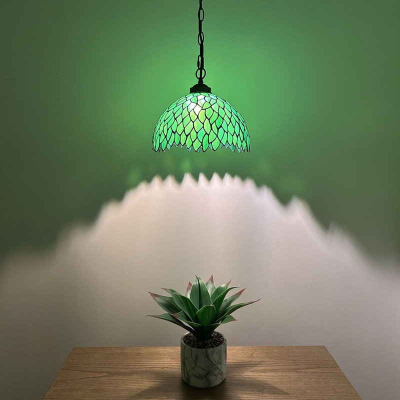 Green Stained Glass Leaves LED Pendant Light with Bronze Finish