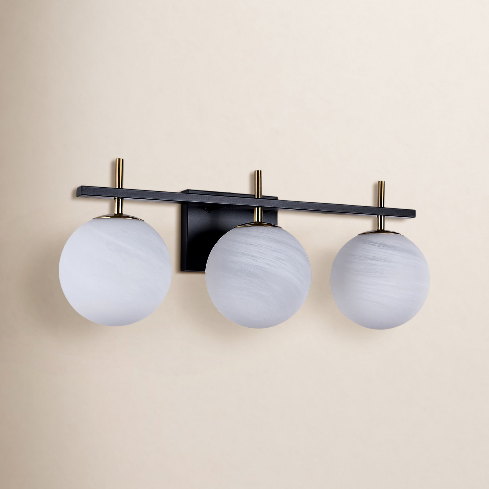 Bathroom Vanity Light With Round Shape Cloud Glass Shade, Matte Black/ Polished Gold, 3