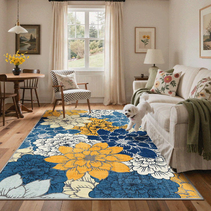 Modern Dahlia Floral Weather Resistant Indoor / Outdoor Cushioned Area Rug, Rectangle 8' x 10', Blue,Beige,Yellow