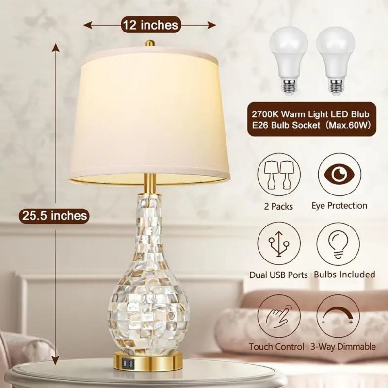 25.5" Mosaic Shell Tiles Tile Table Lamp Set Of 2, Modern Gold Bedside Table Lamp With Dual USB Charging Ports, 3 Colour Modes Adjustment Touch Control Table Lamp For Living Room, Bedroom