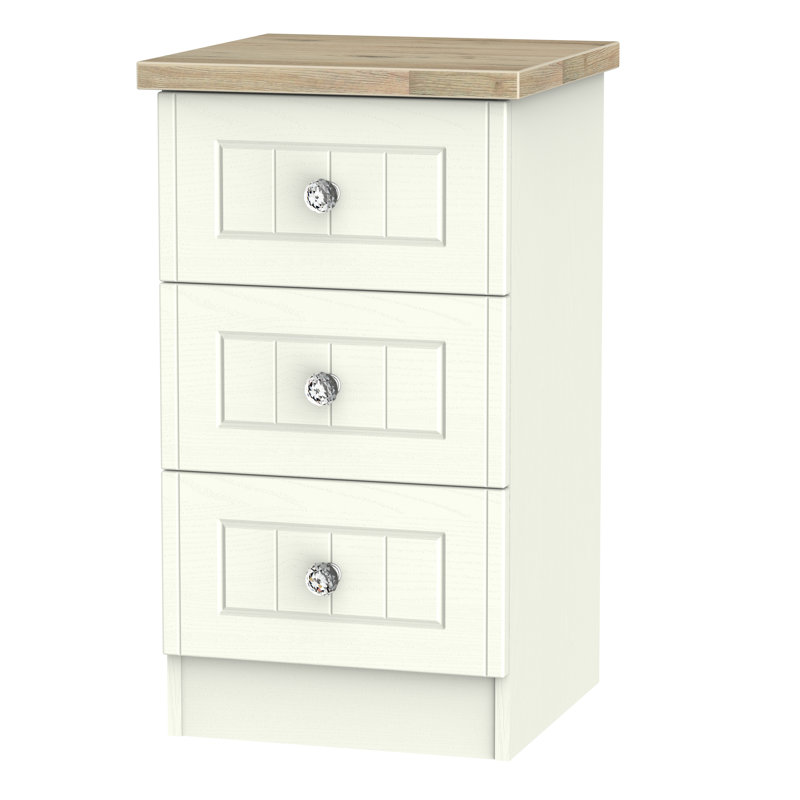 Fully Assembled Zenfield 3 Drawer Bedside Table, Cream Ash/Bordeaux Oak
