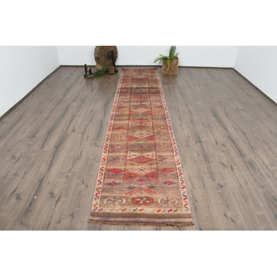 Tapis brun rétro en laine à motif patchwork 29,9 x 140,2 pouces