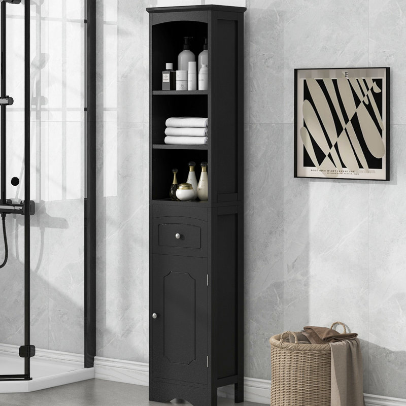 Armoire de salle de bain autoportante noire avec tablette réglable et rangement, Noir