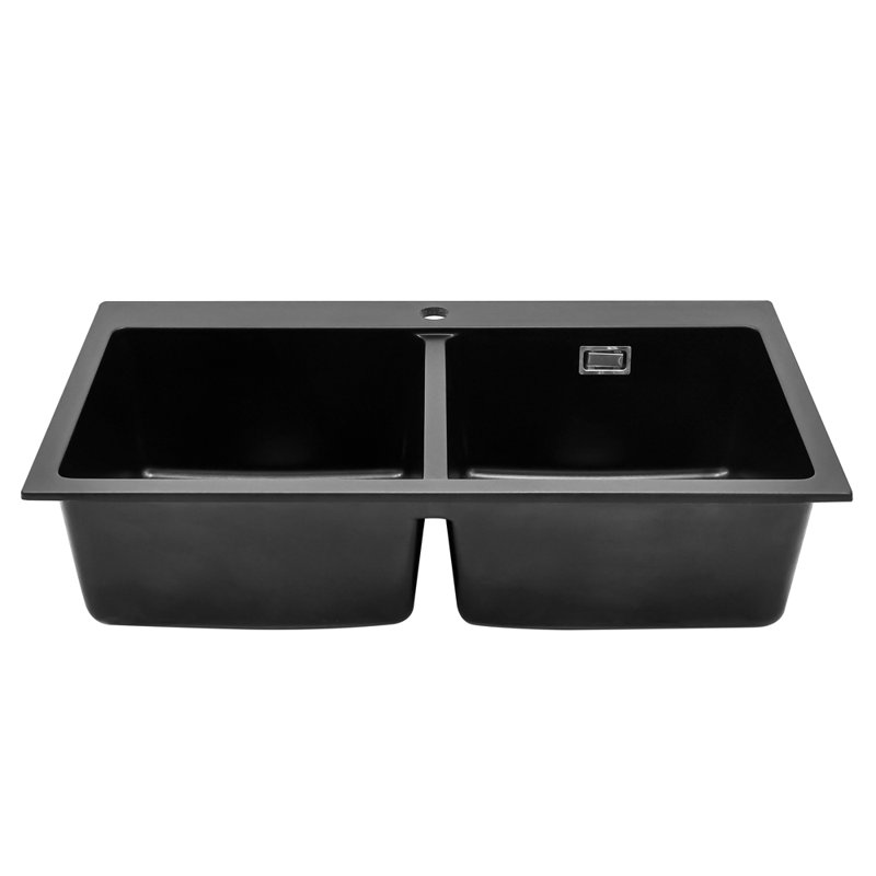 Belfry Kitchen Meena 490mm W Double Bowl Quartz Undermount Kitchen Sink with 1 Faucet Hole