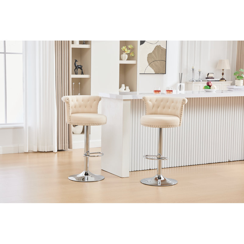 Tabourets de bar pivotants réglables avec pieds en métal argenté, Beige