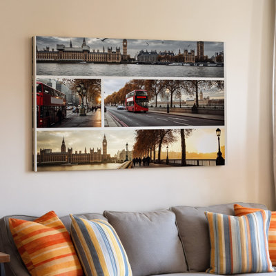 Toile, "Une vue panoramique de Londres" capturée dans trois sections distinctes, art mural mettant en vedette des lieux emblématiques et la vie urbaine