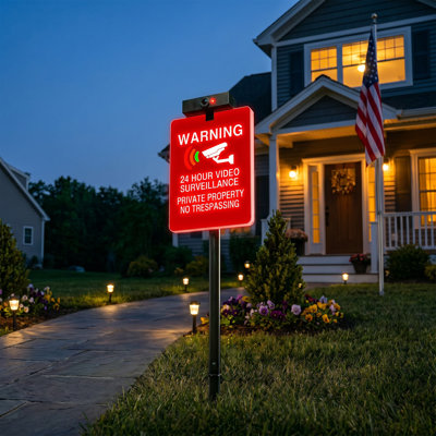 34" Solar Powered No Trespassing Sign with LED Camera, Red Warning Light, Carbon Steel Stake and Weatherproof ABS Panel