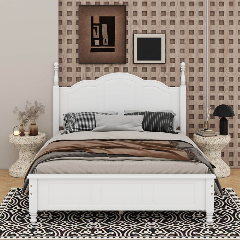Lit plateforme en bois de style rétro avec support en lattes de bois, Lit double, Blanc