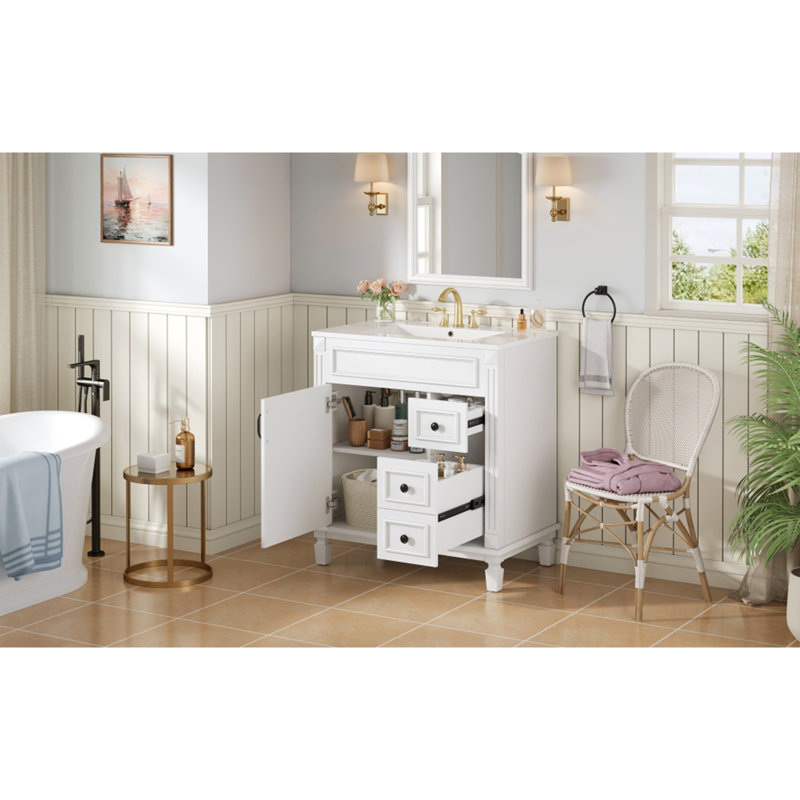 Meuble-lavabo de 30 po avec lavabo en céramique, petite armoire de salle de bain, armoire moderne avec 2 tiroirs et tablette réglable